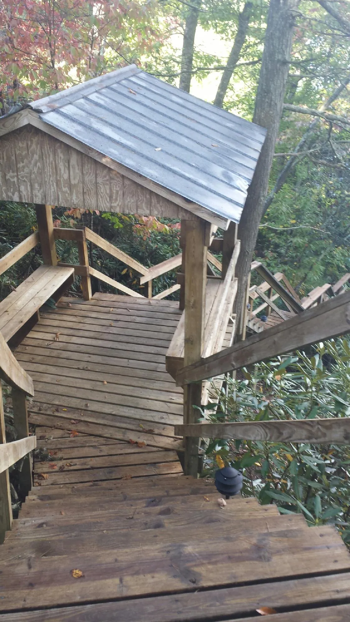 Metal roofed shelter over wooden steps on a wooded walkway — Skylight Repair & Installation work by our crew in Unicoi